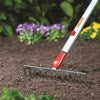 WOLF-Garten DRM30 Multi-Change® Soil Rake with red and yellow steel head and 12 curved teeth, displayed raking soil