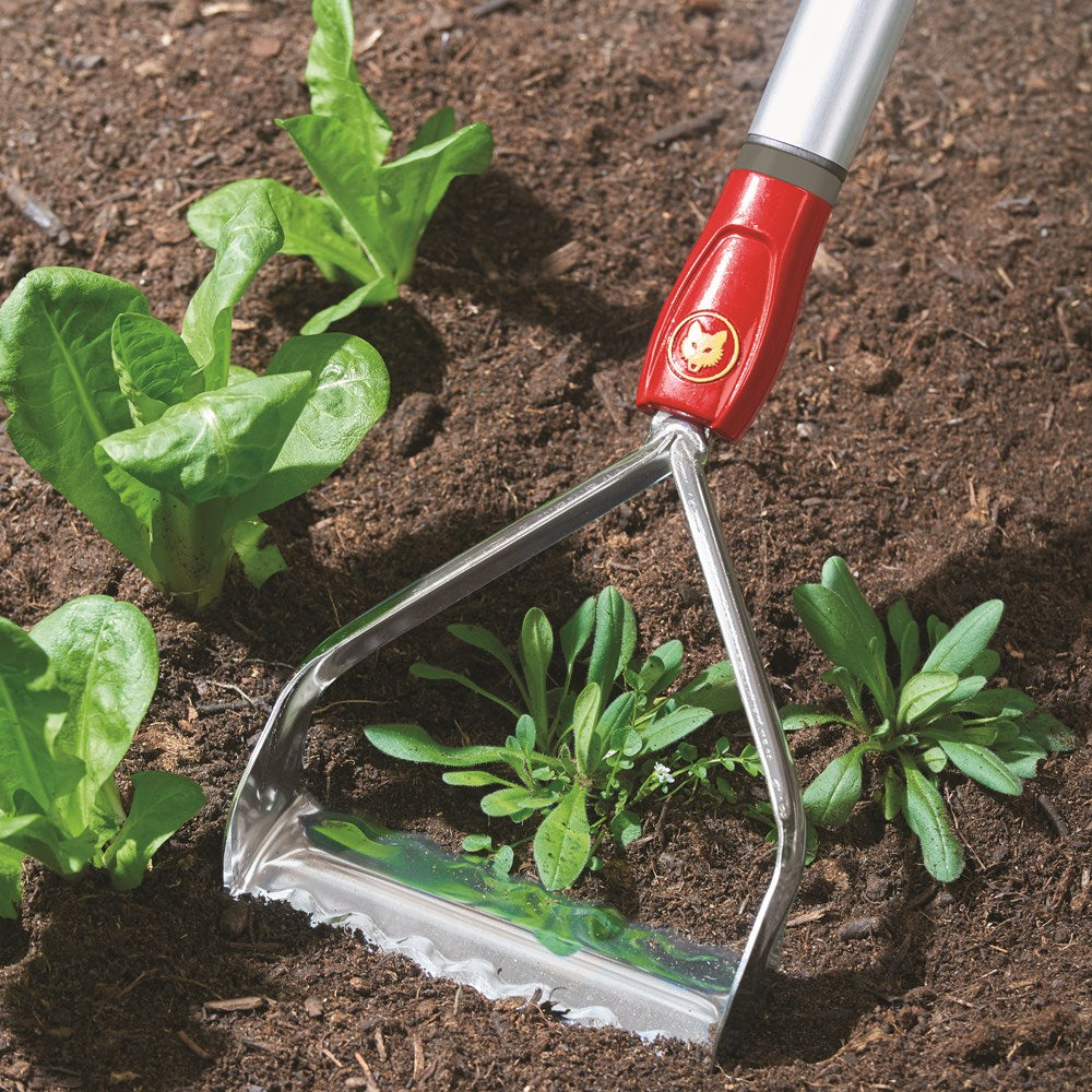 WOLF-Garten RFM10 Multi-Change® Push/Pull Weeder with red and yellow 10cm steel head and wavy dual-edge blade, shown on soil bed clearing away weeds in between rows of lettuces