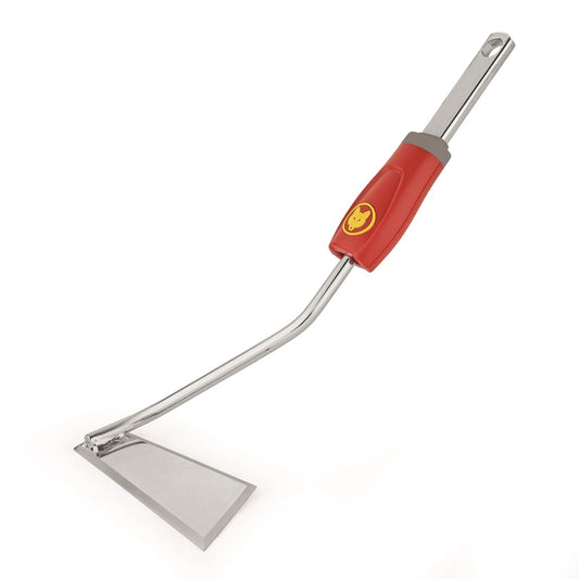 WOLF-Garten SHM Multi-Change® Swoe Style Hoe with red and yellow 12cm steel head and angled neck, shown on a white background for weeding in compact garden spaces.