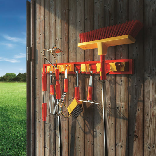WOLF-Garten UMM Multi-Change® Tool Holder System with red and yellow 80cm rail and 4 adjustable hooks, shown on a white background for garden tool storage.