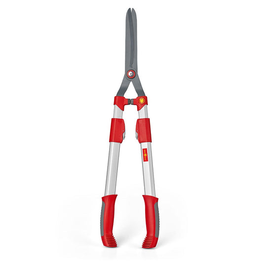 WOLF-Garten HS100T Telescopic Hedge Shears with red and yellow ergonomic handles and curved precision-ground blades, shown on a white background.