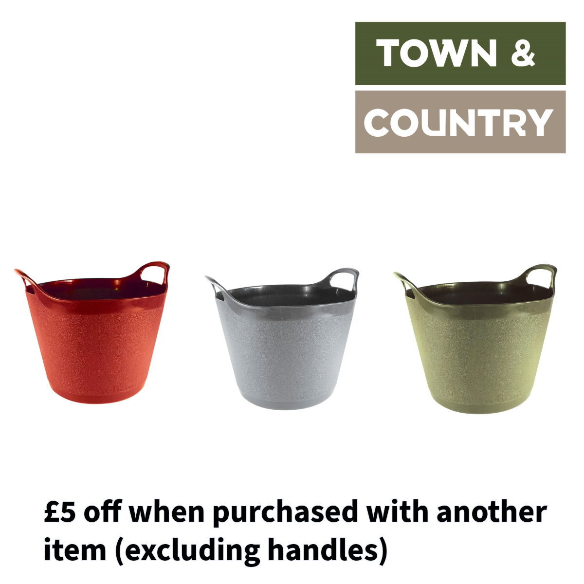 Flexi tubs from town & country. Red, grey, green 15 litres, 25 litres, 40 litres. £5 off