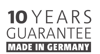 Wolf Garten 10 year guarantee.  Made in Germany on a white background
