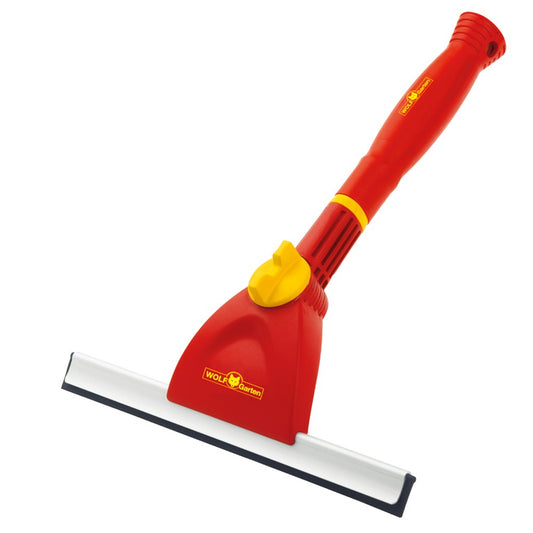 Wolf-Garten FWM Multi-Change® Window Wiper with red and yellow ergonomic handle and 35cm rubber lip, shown on a white background.