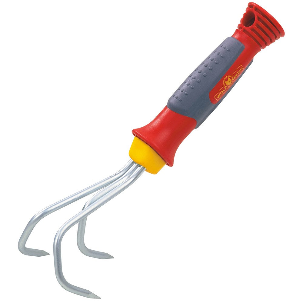 WOLF-Garten KA2K Multi-Change® Small Crumbler with red and yellow 7cm steel head and curved tines, shown on a white background for use in compact garden spaces.