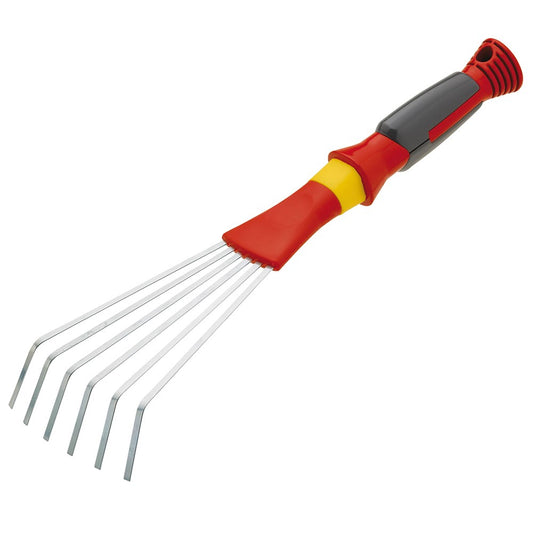 WOLF-Garten LD2K Small Sweep with red and yellow comfort-grip handle and 11.5cm steel tines, shown on a white background for use in small garden spaces.