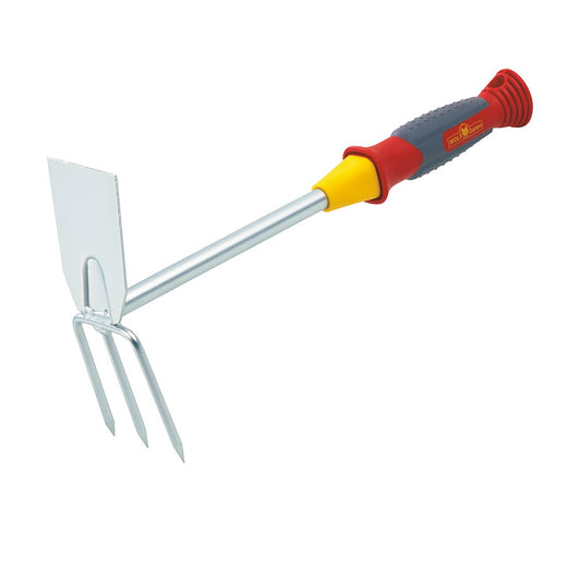 WOLF-Garten LN2K Multi-Change® Small Crumbler with red and yellow 7cm steel head and curved tines, shown on a white background for use in compact garden spaces.