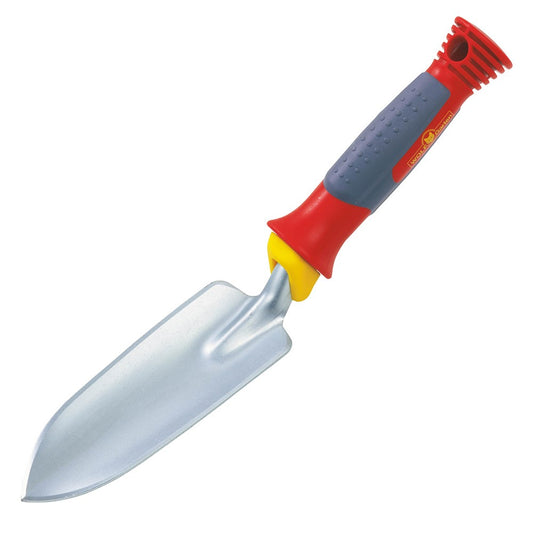WOLF-Garten LU2P Multi-Change® Planting Trowel with red and yellow 7cm steel head and pointed blade, shown on a white background for use in pots and borders.