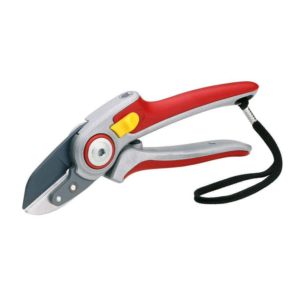 WOLF-Garten RS5000 Anvil Secateurs with red and yellow ergonomic handles and non-stick coated blade, shown on a white background for cutting thick woody stems.