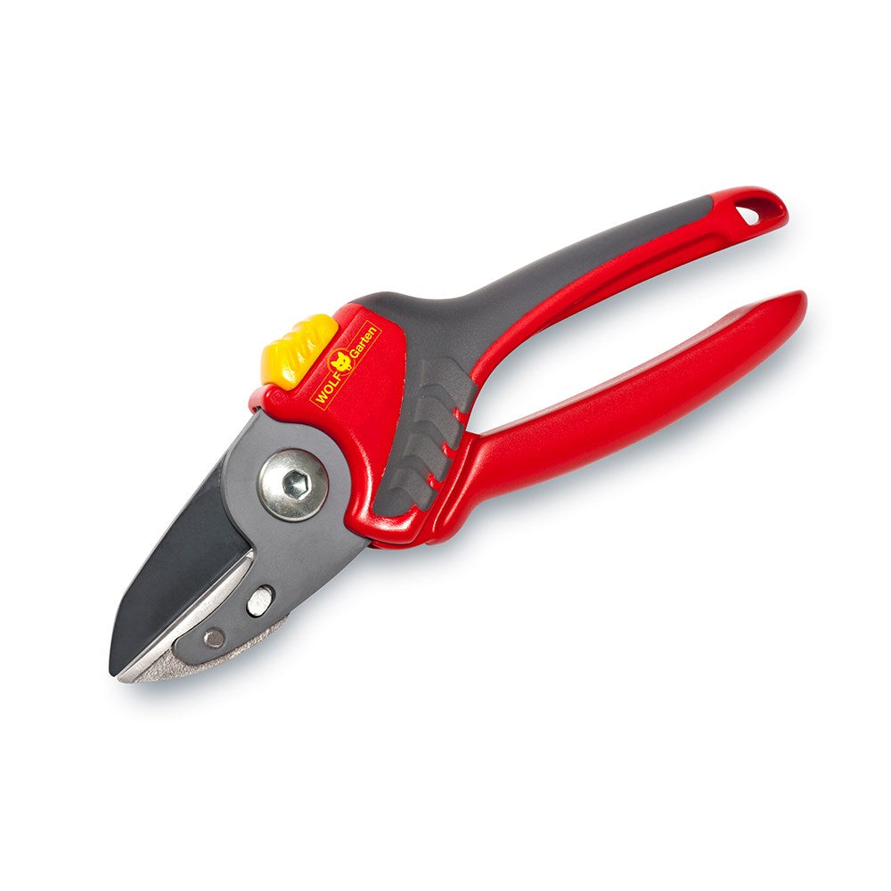 WOLF-Garten RS2500 Anvil Secateurs with red and yellow ergonomic handles and non-stick coated blade, shown on a white background for pruning woody stems.