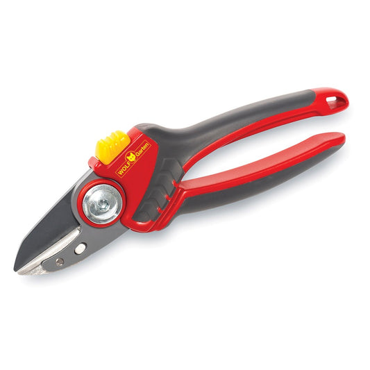 WOLF-Garten RS4000 Anvil Secateurs with red and yellow ergonomic handles and non-stick coated blade, shown on a white background for pruning thick stems.