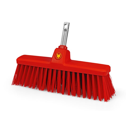 WOLF‑Garten Multi‑Change broom head alone on a neutral background—bright red bristles, grey connector.