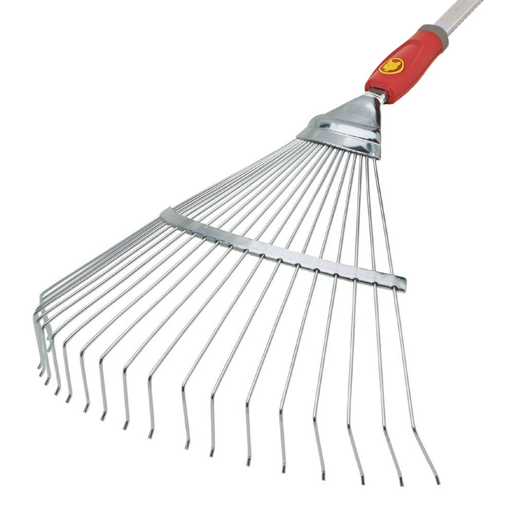 Standalone Multi‑Change® UAM rake head on white background, displaying flexible steel tines and connector port.