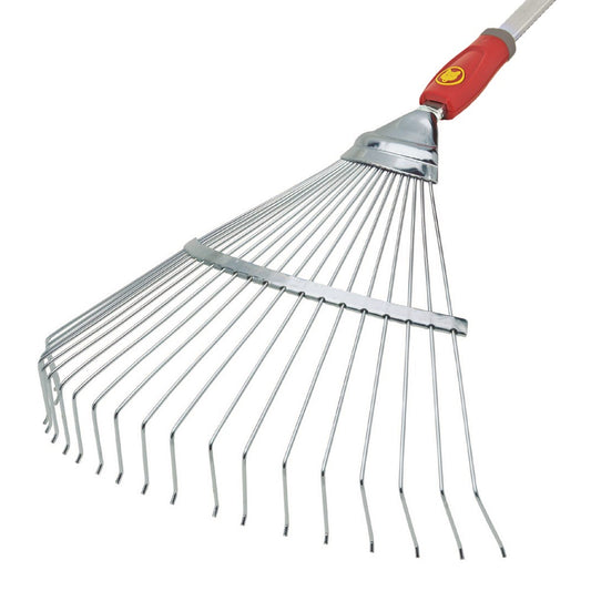 Standalone Multi‑Change® UAM rake head on white background, displaying flexible steel tines and connector port.
