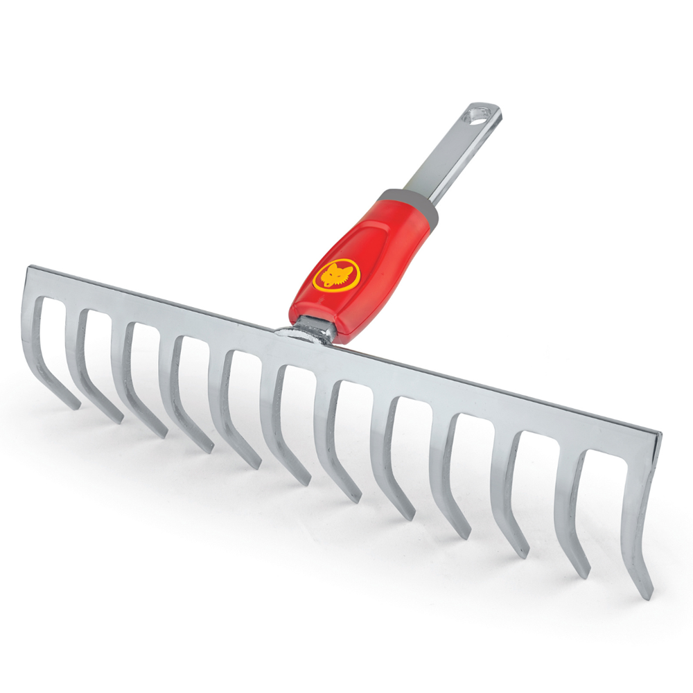WOLF-Garten DRM30 Multi-Change® Soil Rake with red and yellow steel head and 12 curved teeth, displayed on a white background for garden soil preparation.