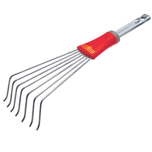 WOLF-Garten LCM Multi-Change® Small Sweep with red and yellow 11cm steel head and curved spring tines, shown on a white background for use in tight garden spaces.