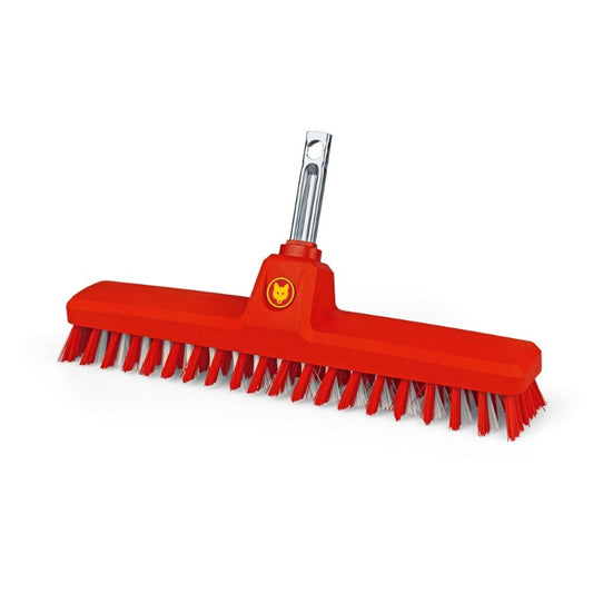 WOLF-Garten SB350M Multi-Change® Decking Brush with red and yellow head and short Elaston bristles, shown on a white background for patio and decking cleaning.