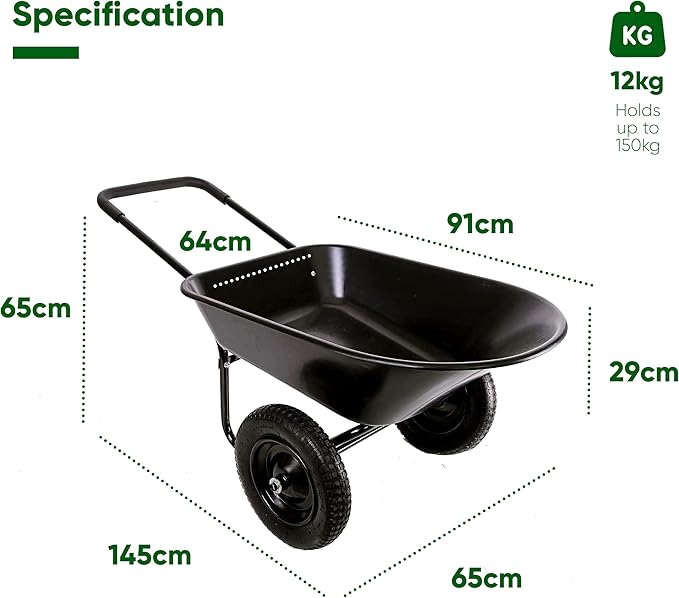 Black wheelbarrow with measurements on a white background