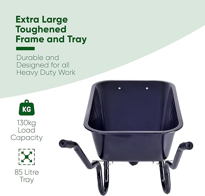 Black wheelbarrow with text about its features on a white and green background