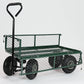 Green metal garden cart with a mesh bed on a white background