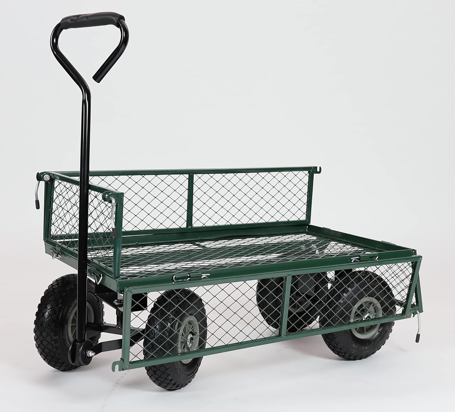 Green metal garden cart with a mesh bed on a white background