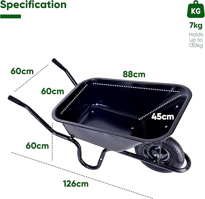 Wheelbarrow with dimensions labeled on a white background