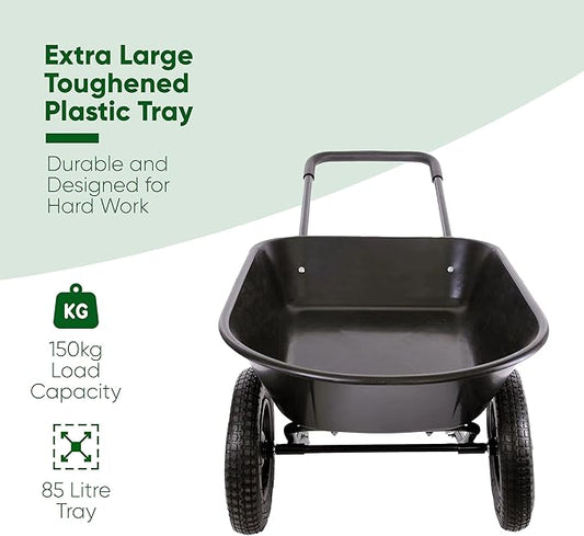 Black wheelbarrow with size and load capacity on white background