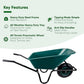 Green wheelbarrow with key features listed on a white background