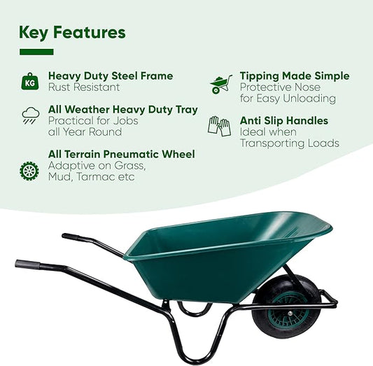Green wheelbarrow with key features listed on a white background