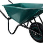 Green wheelbarrow with a single black wheel on a white background