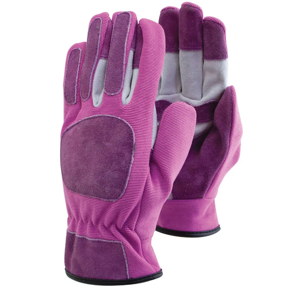 Pair of purple gardening gloves on a white background