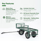 Green garden cart with key features listed on a white background