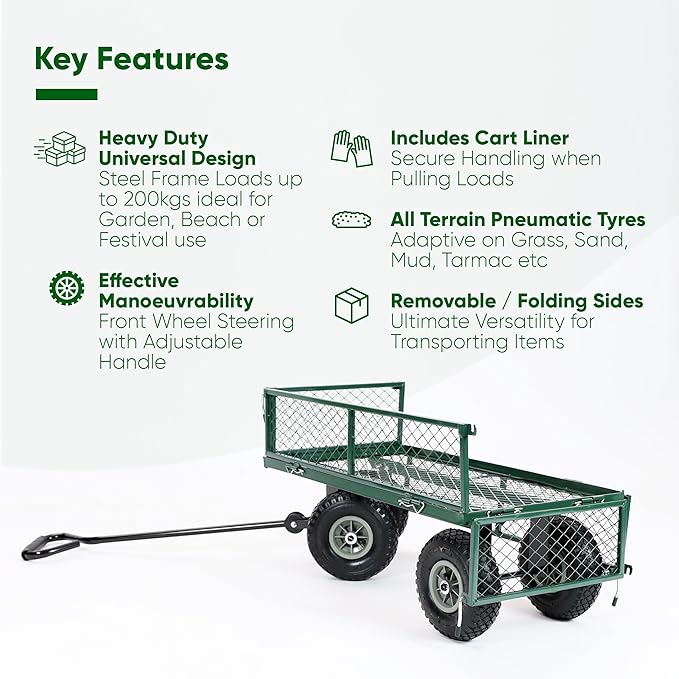 Green garden cart with key features listed on a white background