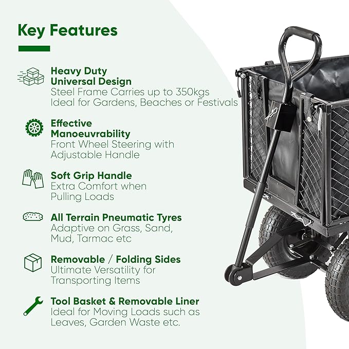 Heavy-duty universal garden cart with key features listed on a white background