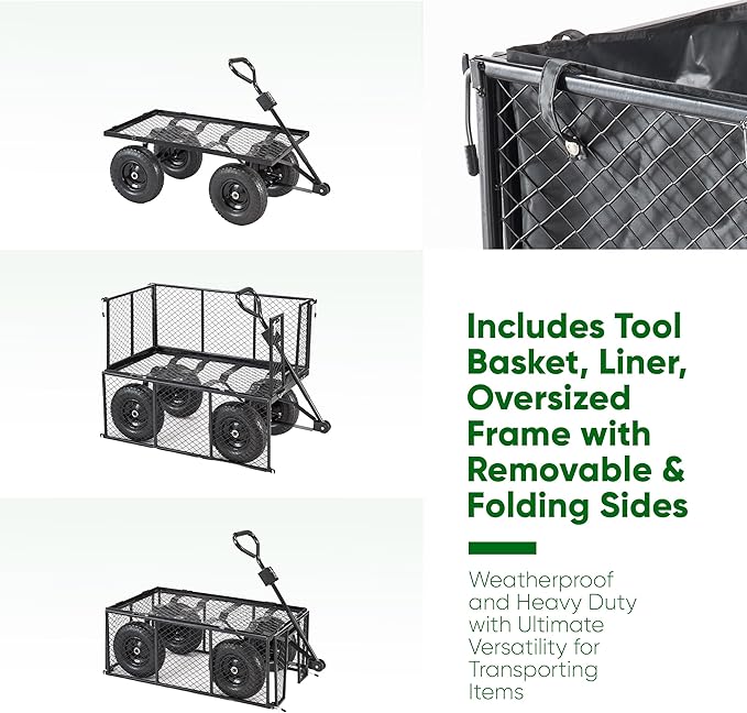 Garden cart with tool basket and liner, oversized frame, and removable folding sides on a white background.