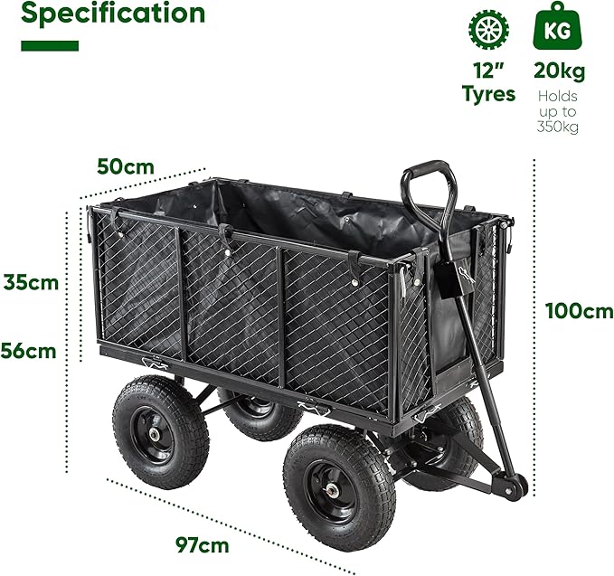 Garden cart with dimensions and weight capacity displayed on a white background