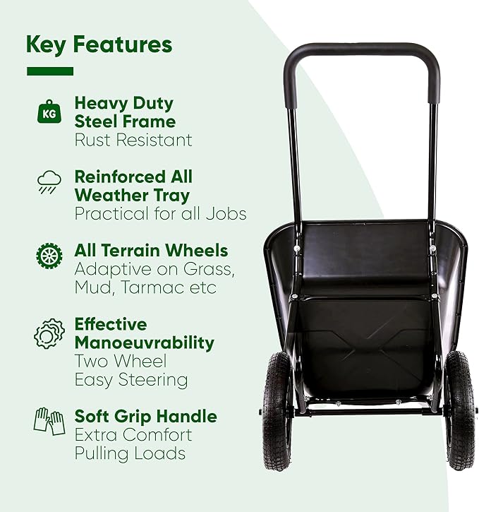 Black garden cart with key features listed on a white background