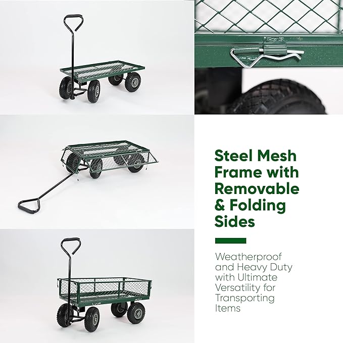 Collage of a green metal wagon with text highlighting features on a white background