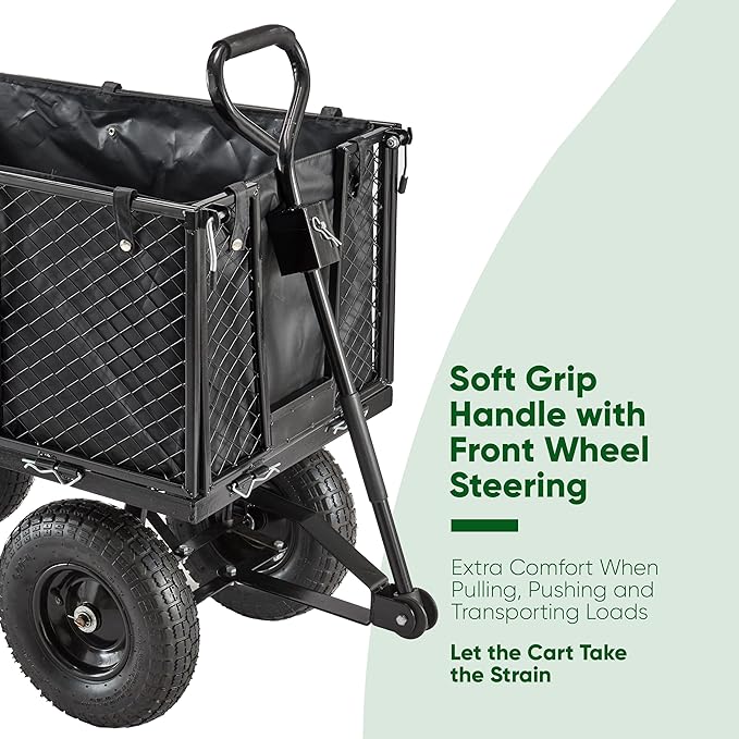 Black utility cart with soft grip handle and front wheel steering on a white background