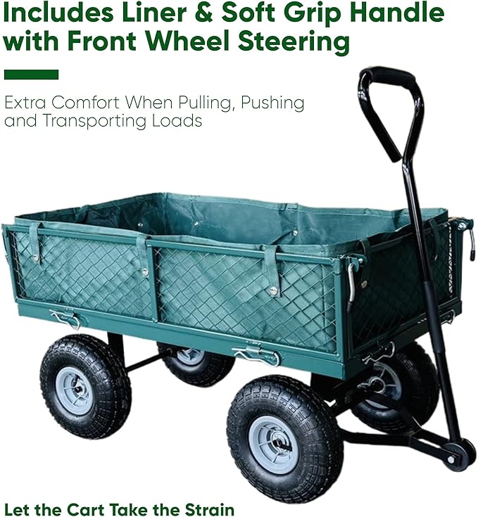 Green garden cart with liner, soft grip handle, and front wheel steering on a white background.