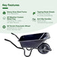 Wheelbarrow with key features listed on a green background