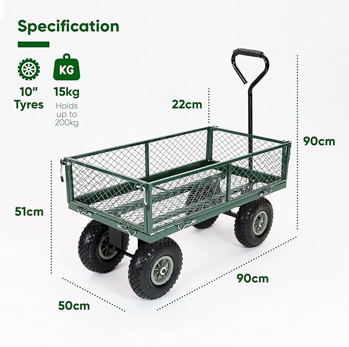 Green garden cart with dimensions and specifications on a white background