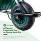 Close-up of a wheelbarrow tire with text highlighting features on a white background