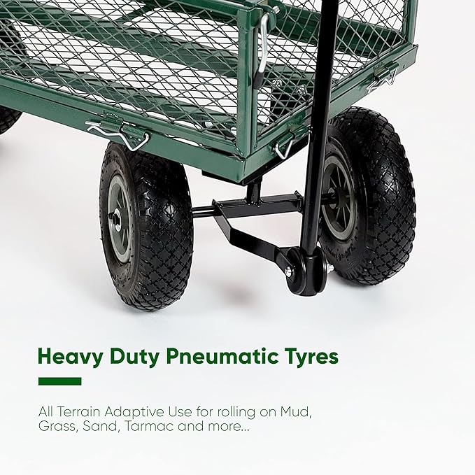Green garden cart with heavy-duty pneumatic tires on a white background