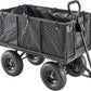 Black metal garden cart with a large storage box on a white background