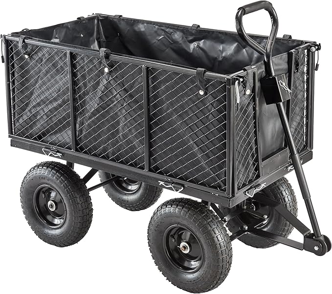 Black metal garden cart with a large storage box on a white background