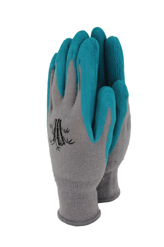 Pair of gray gloves with teal cuffs on a white background