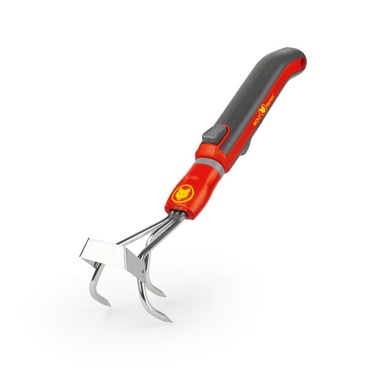 Gardening tool with red handle and silver metal parts on a white background