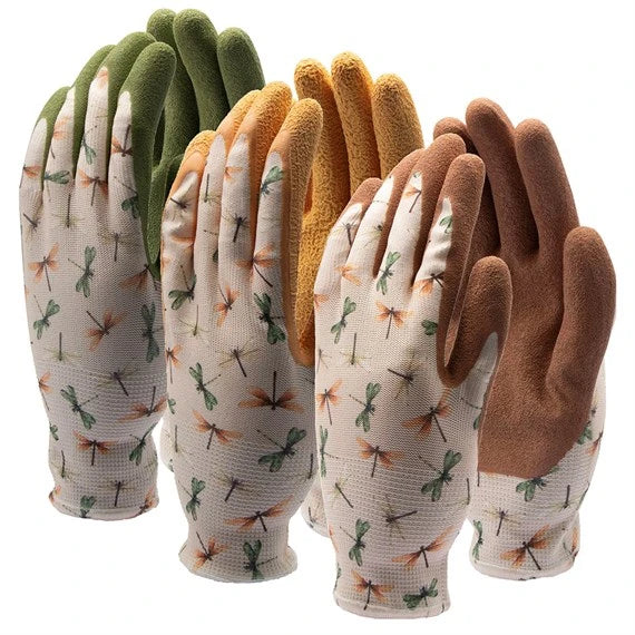 Set of gardening gloves with dragonfly pattern on a white background